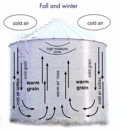 How air moves in the bin in fall and winter.